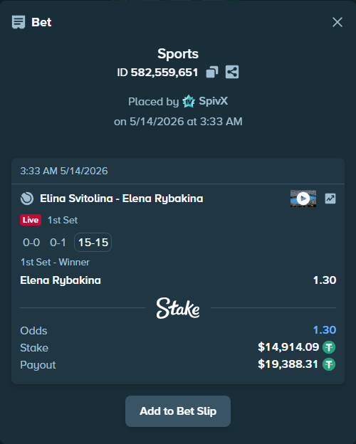 Bet slip: Elina Svitolina - Elena Rybakina, $14,929.00 stake at 1.30 odds, placed by SpivX