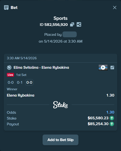 Bet slip: Elina Svitolina - Elena Rybakina, $65,645.81 stake at 1.30 odds, placed by SpivX