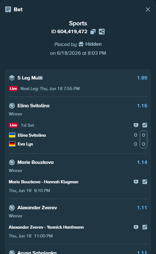 Bet slip: Elina Svitolina - Eva Lys, $62,109.13 stake at 1.16 odds, placed by Hidden