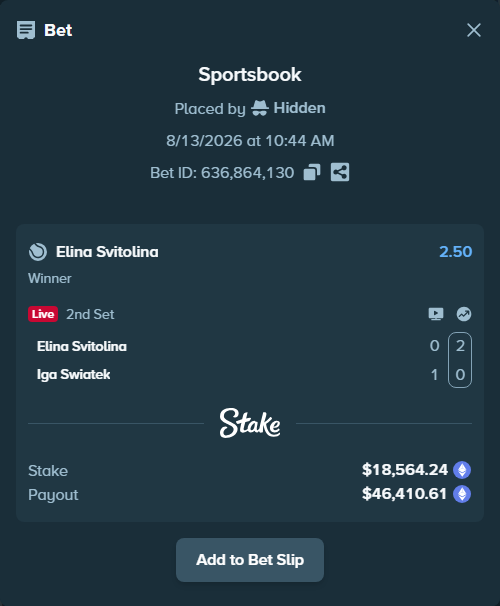 Bet slip: Elina Svitolina - Iga Swiatek, $18,643.90 stake at 2.50 odds, placed by Hidden