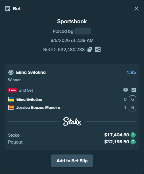 Bet slip: Elina Svitolina - Jessica Bouzas Maneiro, $17,422.00 stake at 1.85 odds, placed by antoniku