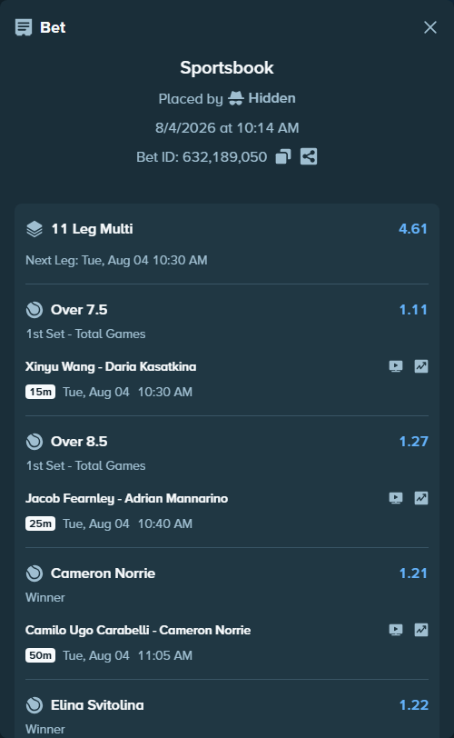 Bet slip: Elina Svitolina - Jessica Bouzas Maneiro, $75,075.00 stake at 1.22 odds, placed by Hidden
