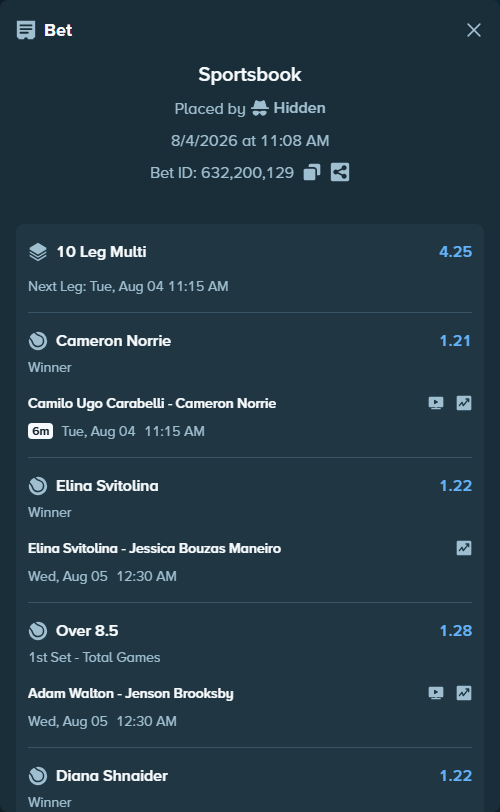 Bet slip: Elina Svitolina - Jessica Bouzas Maneiro, $85,069.73 stake at 1.22 odds, placed by Hidden