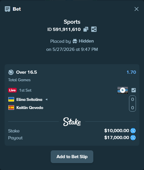 Bet slip: Elina Svitolina - Kaitlin Qevedo, $10,000.00 stake at 1.70 odds, placed by Hidden
