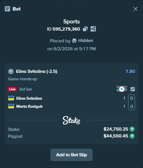Bet slip: Elina Svitolina - Marta Kostyuk, $24,775.00 stake at 1.80 odds, placed by Hidden