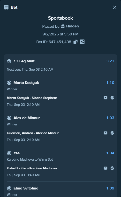 Bet slip: Elina Svitolina - Maya Joint, $125,000.00 stake at 1.09 odds, placed by Hidden