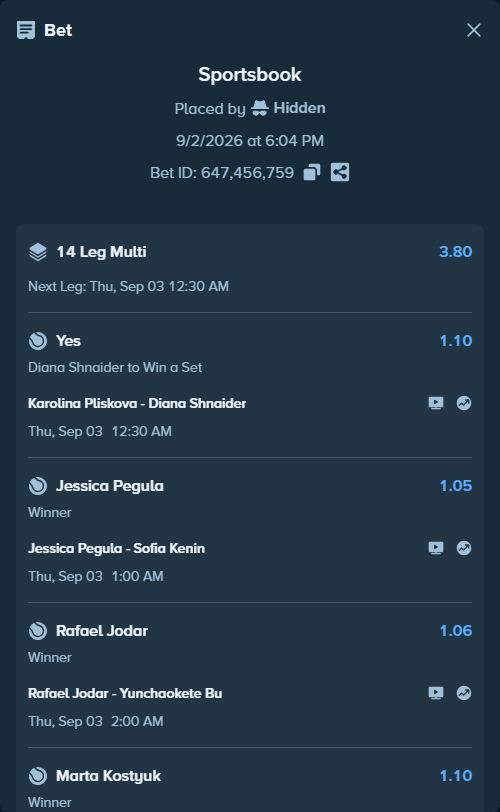 Bet slip: Elina Svitolina - Maya Joint, $125,000.00 stake at 1.09 odds, placed by Hidden