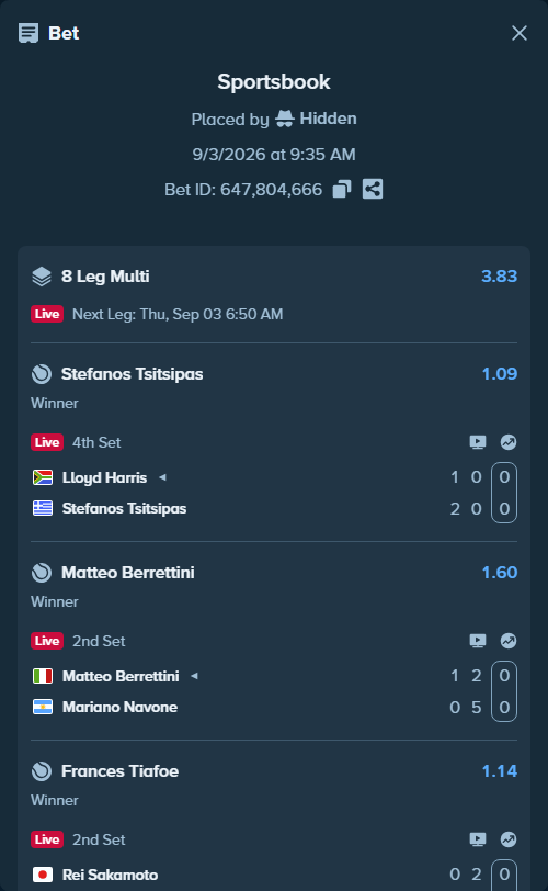 Bet slip: Elina Svitolina - Maya Joint, $20,123.36 stake at 1.10 odds, placed by Hidden