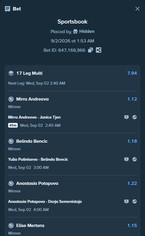Bet slip: Elina Svitolina - Maya Joint, $75,000.00 stake at 1.09 odds, placed by Hidden