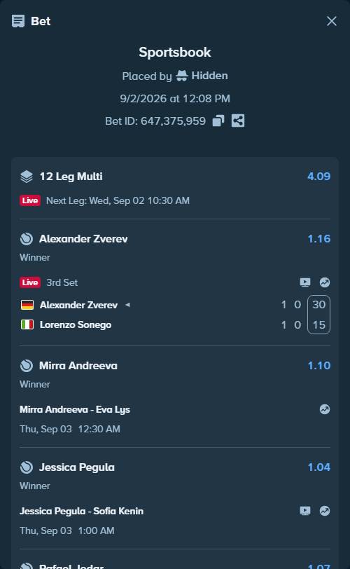 Bet slip: Elina Svitolina - Maya Joint, $75,000.00 stake at 1.09 odds, placed by Hidden