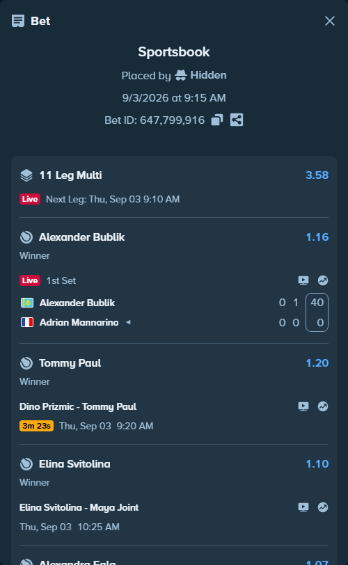 Bet slip: Elina Svitolina - Maya Joint, $75,000.00 stake at 1.10 odds, placed by Hidden