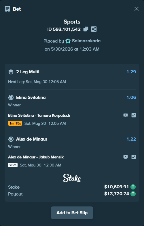 Bet slip: Elina Svitolina - Tamara Korpatsch, $10,620.52 stake at 1.06 odds, placed by Salmazakaria