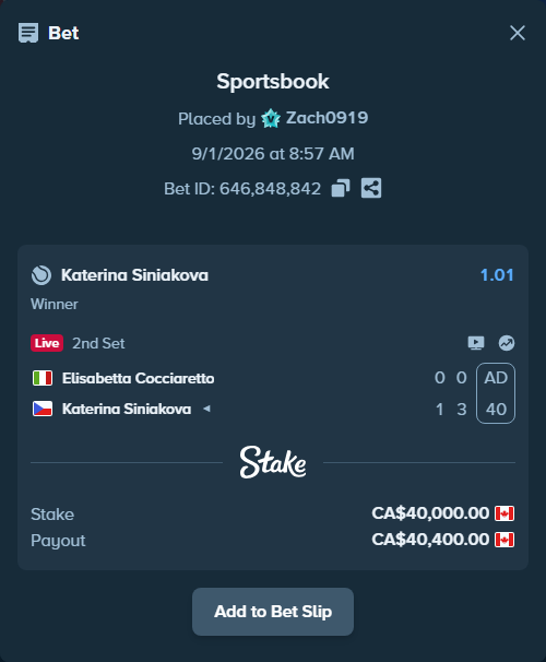 Bet slip: Elisabetta Cocciaretto - Katerina Siniakova, $29,600.00 stake at 1.01 odds, placed by Zach0919