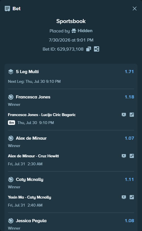 Bet slip: Elisabetta Cocciaretto - Naomi Osaka, $176,176.00 stake at 1.13 odds, placed by Hidden