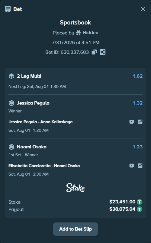 Bet slip: Elisabetta Cocciaretto - Naomi Osaka, $23,474.45 stake at 1.23 odds, placed by Hidden