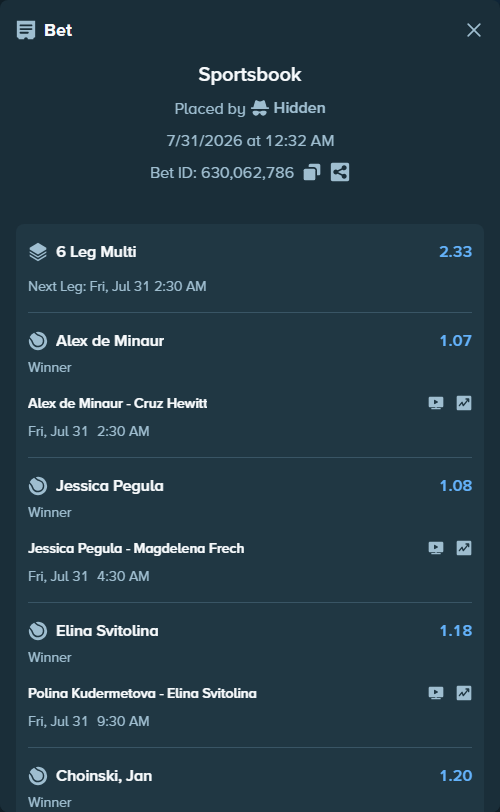 Bet slip: Elisabetta Cocciaretto - Naomi Osaka, $75,075.00 stake at 1.13 odds, placed by Hidden
