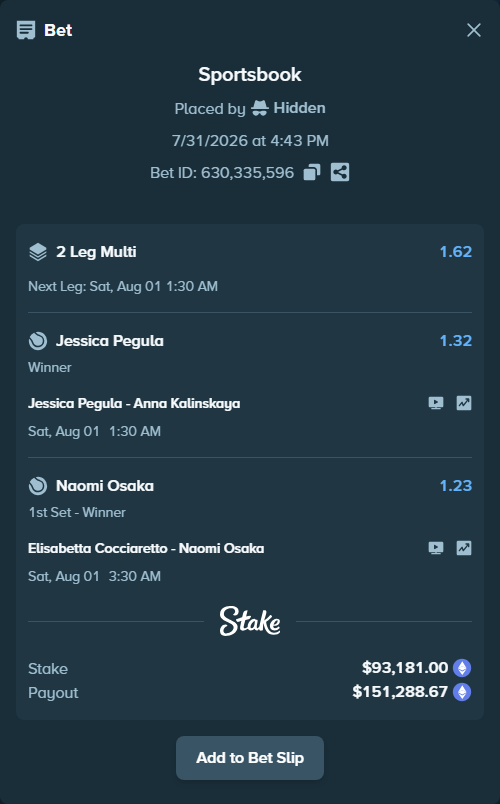 Bet slip: Elisabetta Cocciaretto - Naomi Osaka, $93,530.78 stake at 1.23 odds, placed by Hidden