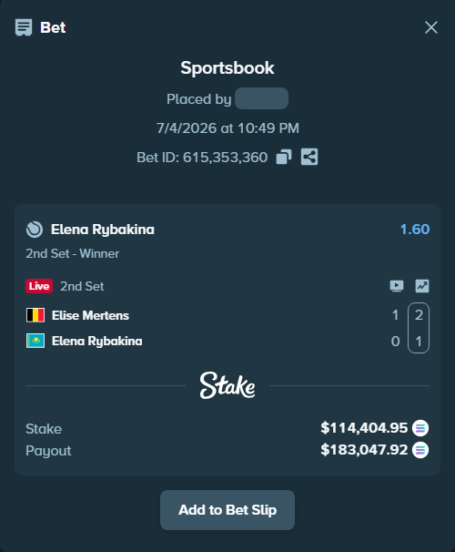 Bet slip: Elise Mertens - Elena Rybakina, $115,552.42 stake at 1.60 odds, placed by Prettylfacko98