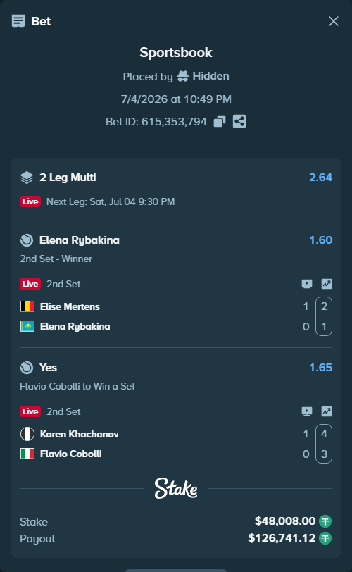 Bet slip: Elise Mertens - Elena Rybakina, $48,056.01 stake at 1.60 odds, placed by Hidden