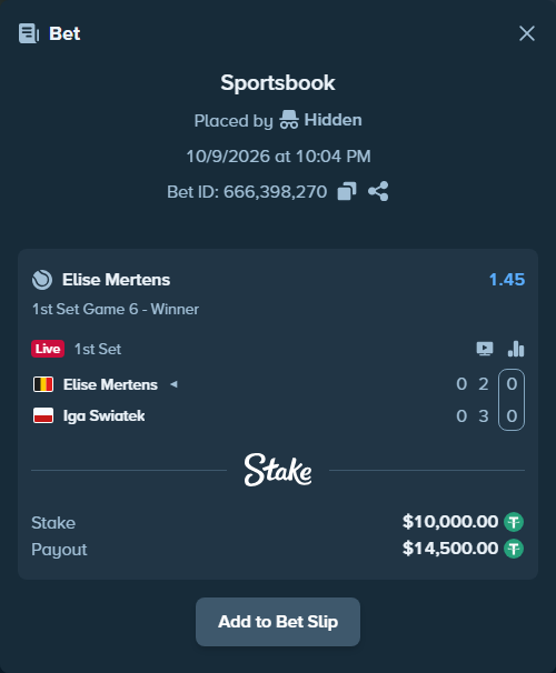 Bet slip: Elise Mertens - Iga Swiatek, $10,010.00 stake at 1.45 odds, placed by Hidden