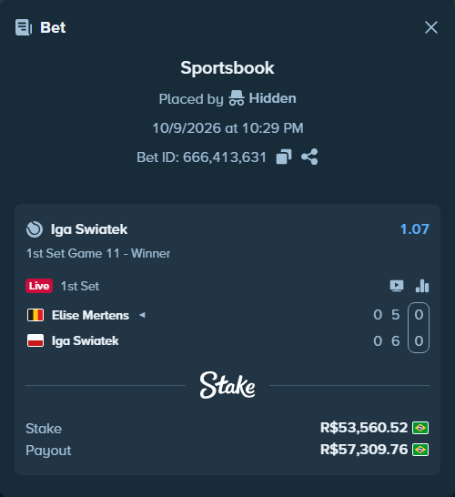 Bet slip: Elise Mertens - Iga Swiatek, $10,712.10 stake at 1.07 odds, placed by DOUGLASR19