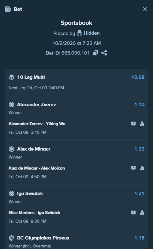 Bet slip: Elise Mertens - Iga Swiatek, $110,926.30 stake at 1.21 odds, placed by Prettylfacko98