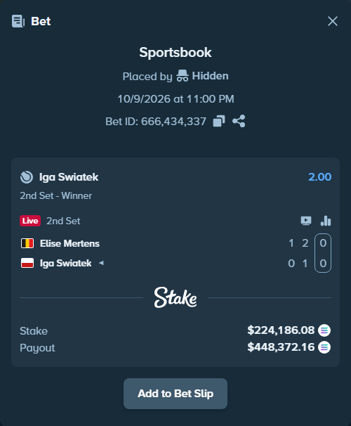 Bet slip: Elise Mertens - Iga Swiatek, $221,954.75 stake at 2.00 odds, placed by Prettylfacko98