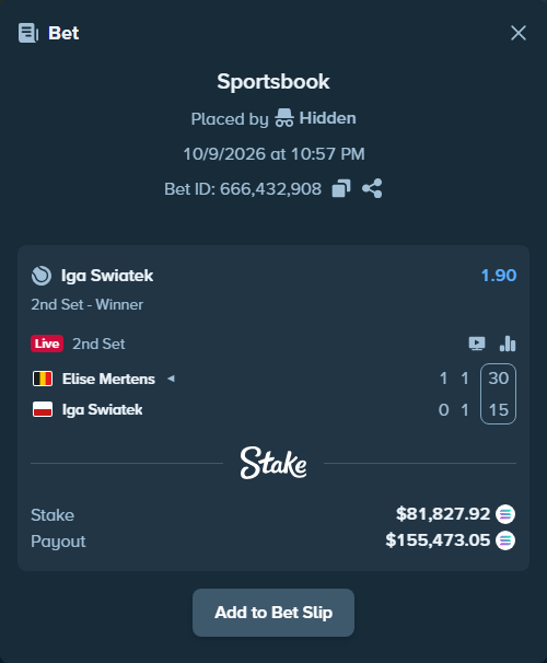 Bet slip: Elise Mertens - Iga Swiatek, $81,013.48 stake at 1.90 odds, placed by Prettylfacko98