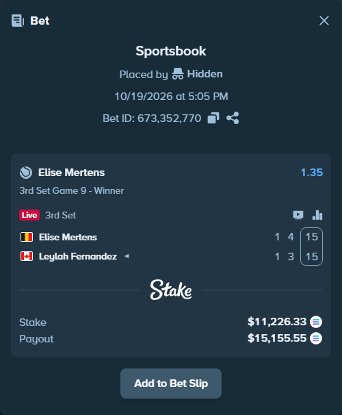 Bet slip: Elise Mertens - Leylah Fernandez, $11,081.35 stake at 1.35 odds, placed by Hidden
