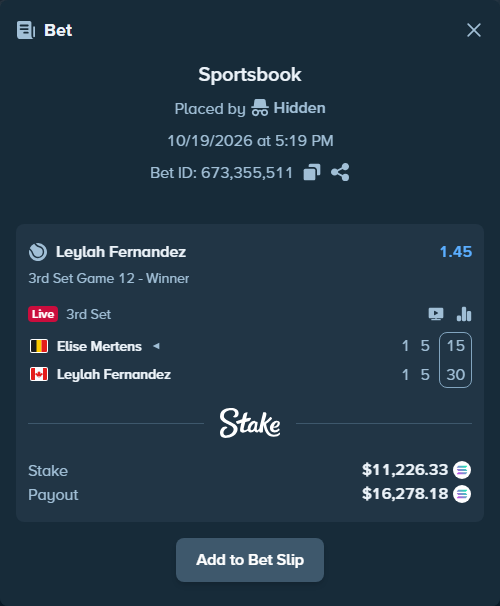 Bet slip: Elise Mertens - Leylah Fernandez, $11,227.06 stake at 1.45 odds, placed by Hidden