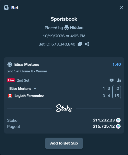 Bet slip: Elise Mertens - Leylah Fernandez, $11,275.16 stake at 1.40 odds, placed by Hidden