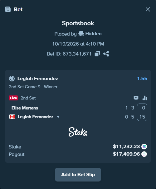 Bet slip: Elise Mertens - Leylah Fernandez, $11,275.16 stake at 1.55 odds, placed by Hidden