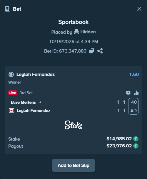 Bet slip: Elise Mertens - Leylah Fernandez, $15,000.00 stake at 1.60 odds, placed by Hidden