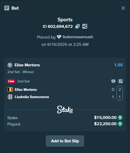 Bet slip: Elise Mertens - Liudmila Samsonova, $15,000.00 stake at 1.55 odds, placed by fadennesaroush