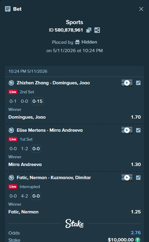Bet slip: Elise Mertens - Mirra Andreeva, $10,000.00 stake at 1.30 odds, placed by Hidden