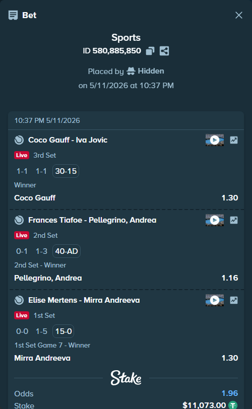 Bet slip: Elise Mertens - Mirra Andreeva, $11,073.00 stake at 1.30 odds, placed by Hidden