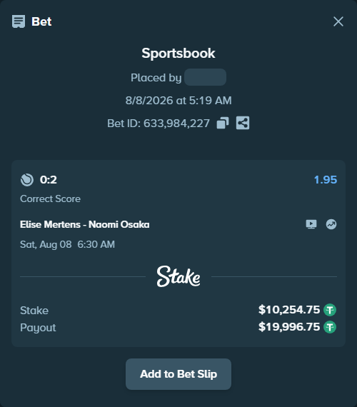 Bet slip: Elise Mertens - Naomi Osaka, $10,265.00 stake at 1.95 odds, placed by Nt95