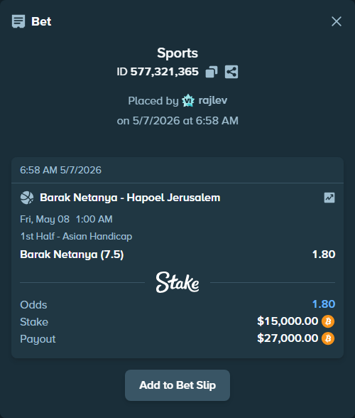 Bet slip: Elitzur Netanya - Hapoel Jerusalem, $11,840.74 stake at 1.80 odds, placed by rajlev