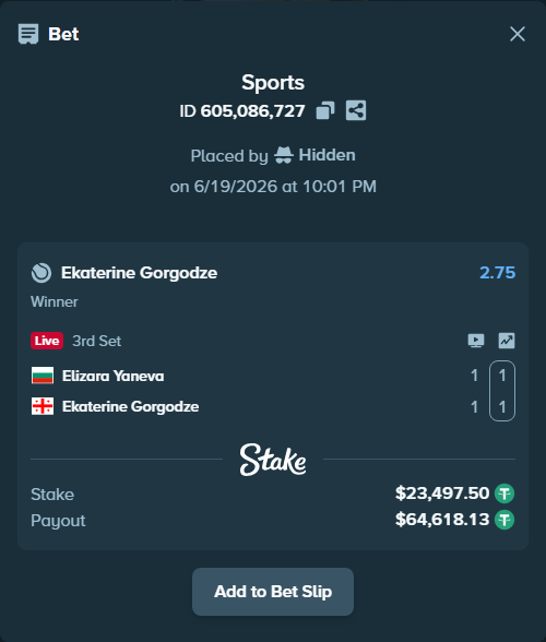 Bet slip: Elizara Yaneva - Ekaterine Gorgodze, $23,521.00 stake at 2.75 odds, placed by Hidden