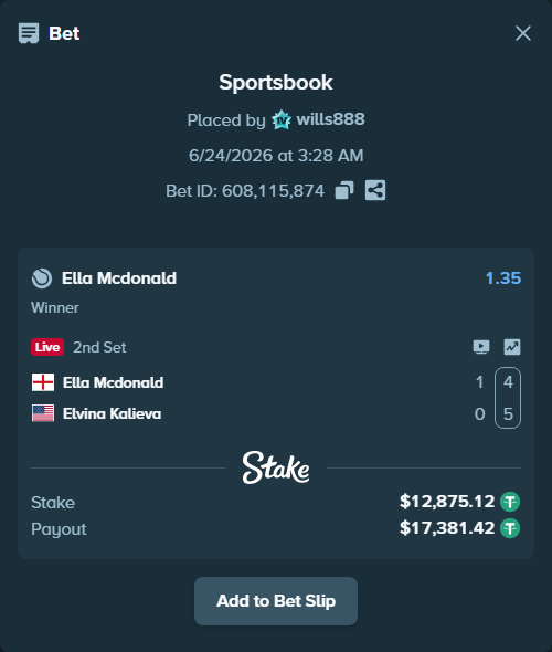 Bet slip: Ella Mcdonald - Elvina Kalieva, $12,888.00 stake at 1.35 odds, placed by wills888