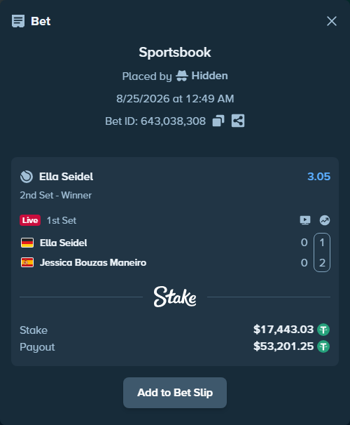 Bet slip: Ella Seidel - Jessica Bouzas Maneiro, $17,443.03 stake at 3.05 odds, placed by ayoflasher