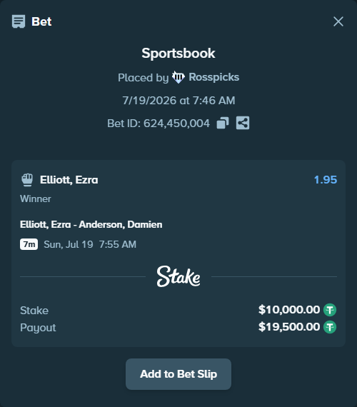 Bet slip: Elliott, Ezra - Anderson, Damien, $10,010.00 stake at 1.95 odds, placed by Rosspicks