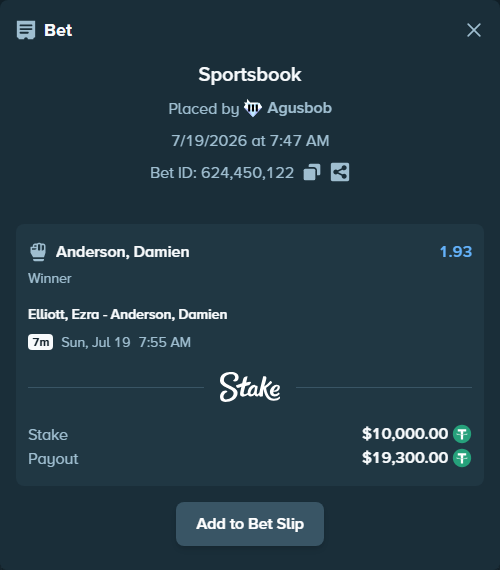 Bet slip: Elliott, Ezra - Anderson, Damien, $10,010.00 stake at 1.93 odds, placed by Agusbob
