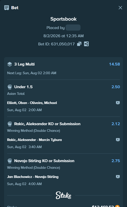 Bet slip: Elliott, Oban - Oliveira, Michael, $12,729.16 stake at 2.50 odds, placed by theoutlaw