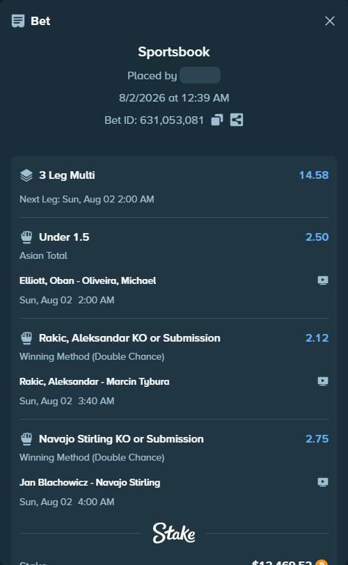 Bet slip: Elliott, Oban - Oliveira, Michael, $12,729.16 stake at 2.50 odds, placed by theoutlaw