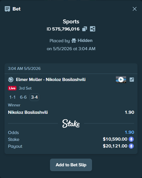 Bet slip: Elmer Moller - Nikoloz Basilashvili, $7,782.23 stake at 1.90 odds, placed by Hidden