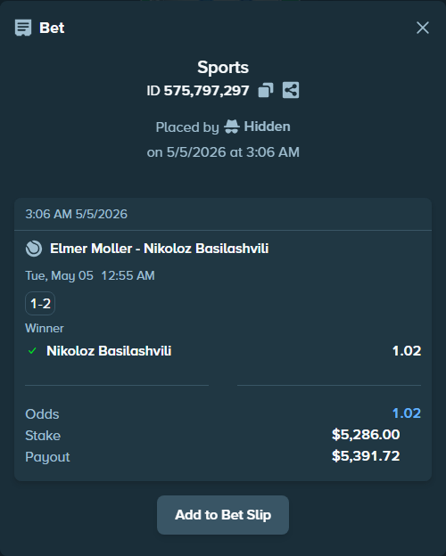 Bet slip: Elmer Moller - Nikoloz Basilashvili, $4,574.14 stake at 1.02 odds, placed by Hidden