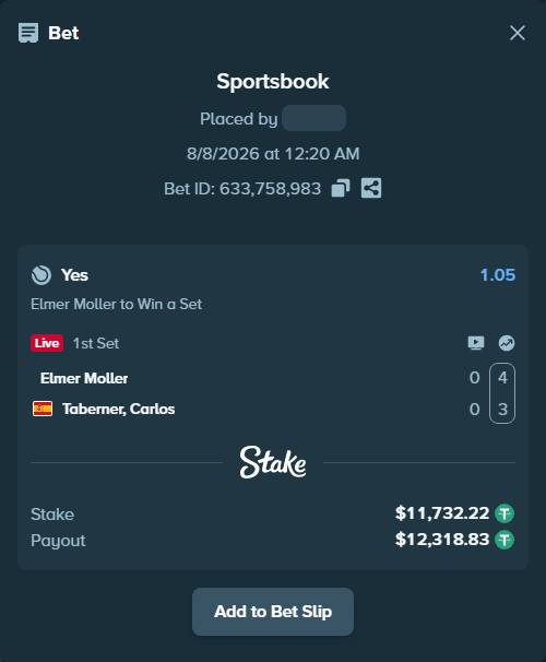 Bet slip: Elmer Moller - Taberner, Carlos, $11,743.95 stake at 1.05 odds, placed by RyazheniyPetuh