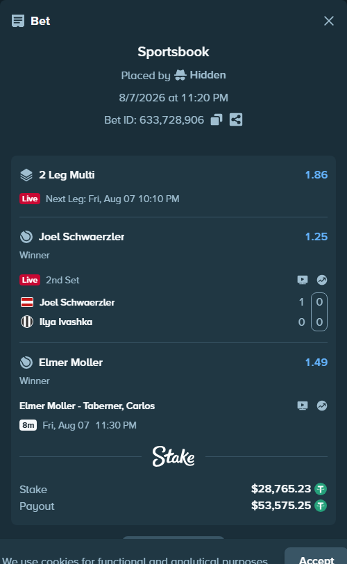 Bet slip: Elmer Moller - Taberner, Carlos, $28,794.00 stake at 1.49 odds, placed by Hidden