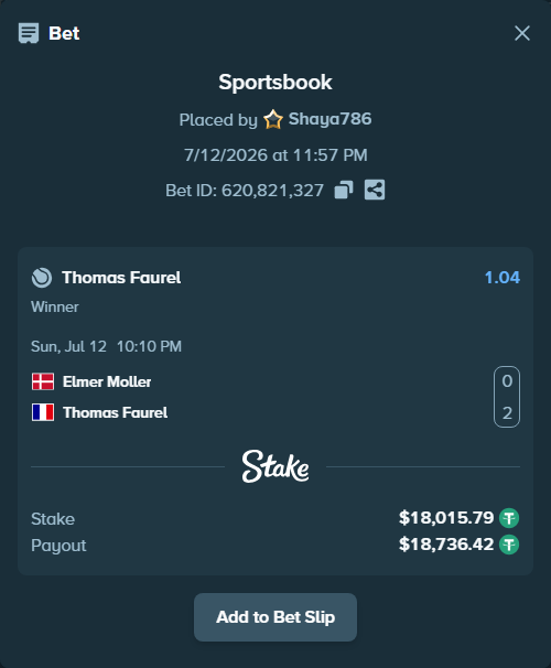 Bet slip: Elmer Moller - Thomas Faurel, $18,033.81 stake at 1.04 odds, placed by Shaya786